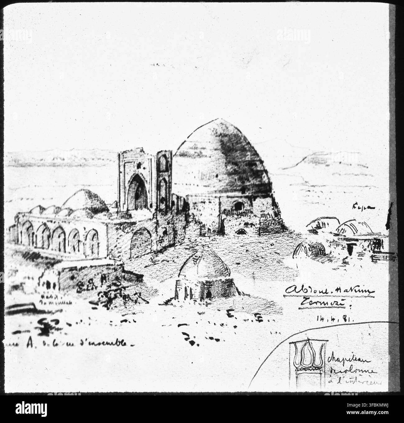 Un disegno delle rovine di una moschea a Termez, Turkestan, di Guillaume Capus, un disegnatore francese, creato nel 1881, che mostra il capitello interno della colonna, con il fiume Amu Darya nelle vicinanze, come incontrato durante un viaggio. Foto Stock