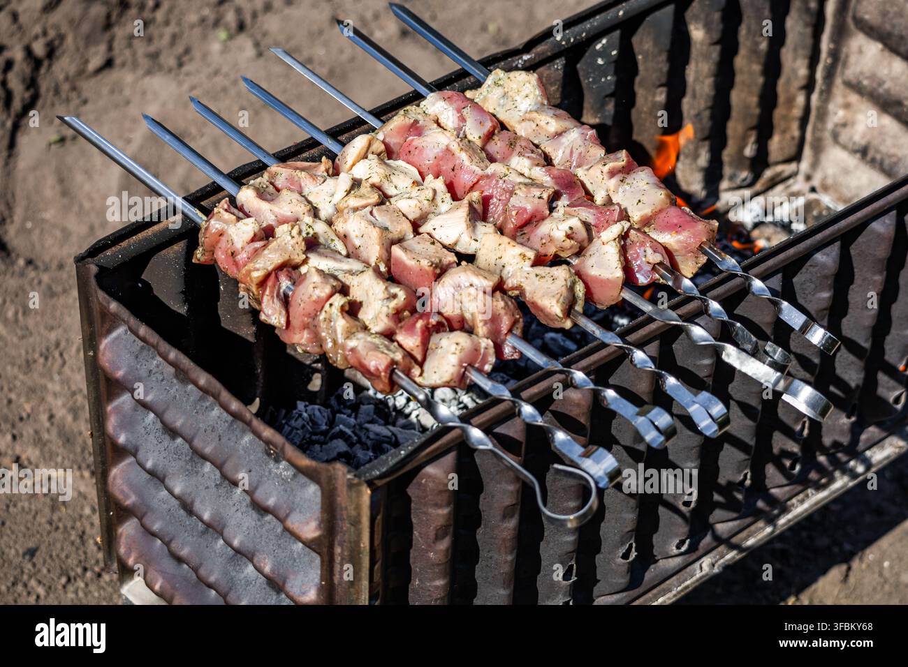 Sei spiedini metallici ripieni di carne cruda condita cuociono su brace ardente e fiamma libera in una griglia di metallo all'aperto alla luce del giorno. Foto Stock