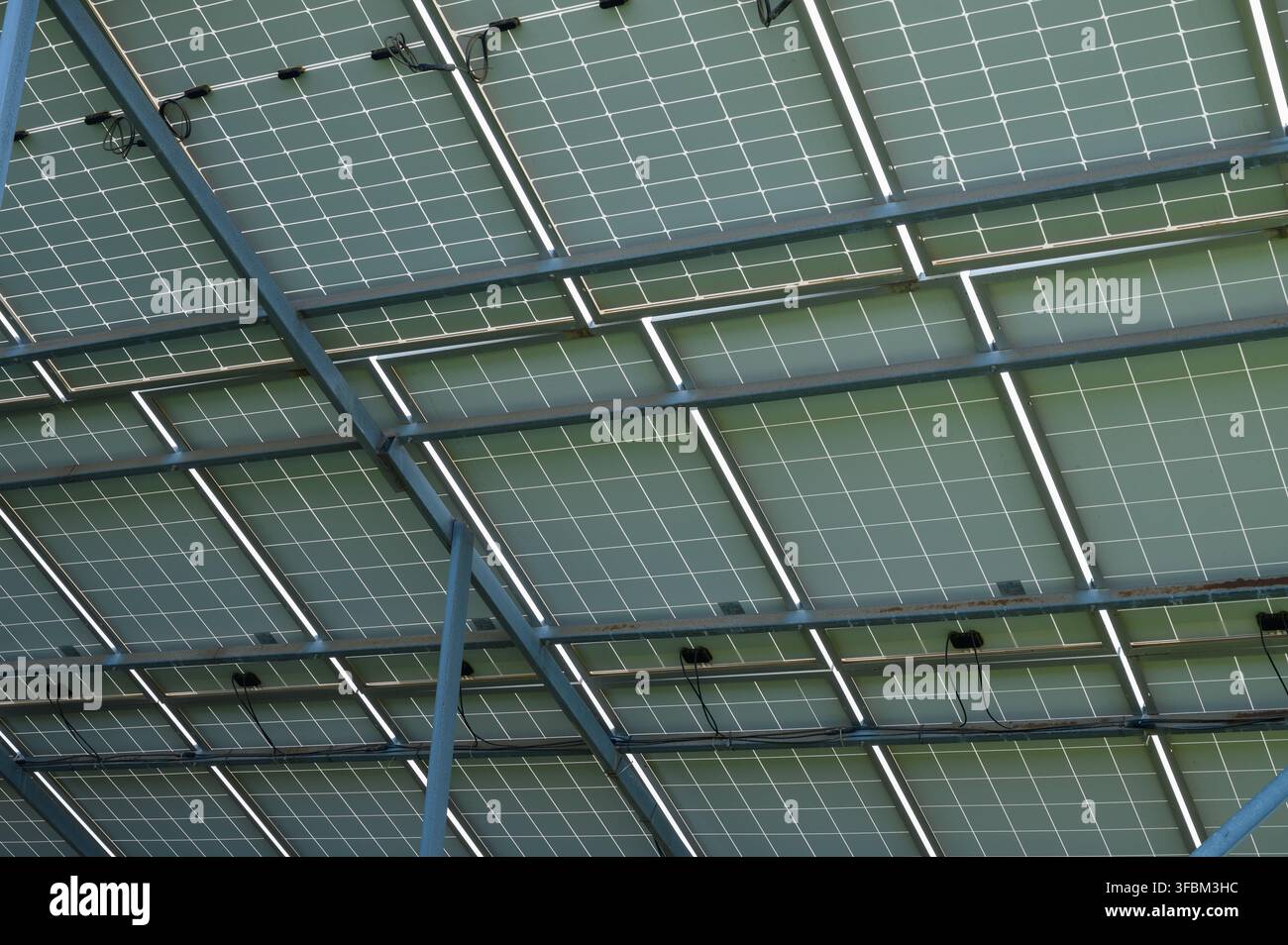 I pannelli solari ad alta efficienza energetica catturano la luce del sole, mostrando la tecnologia verde sul tetto di una struttura contemporanea. Foto Stock