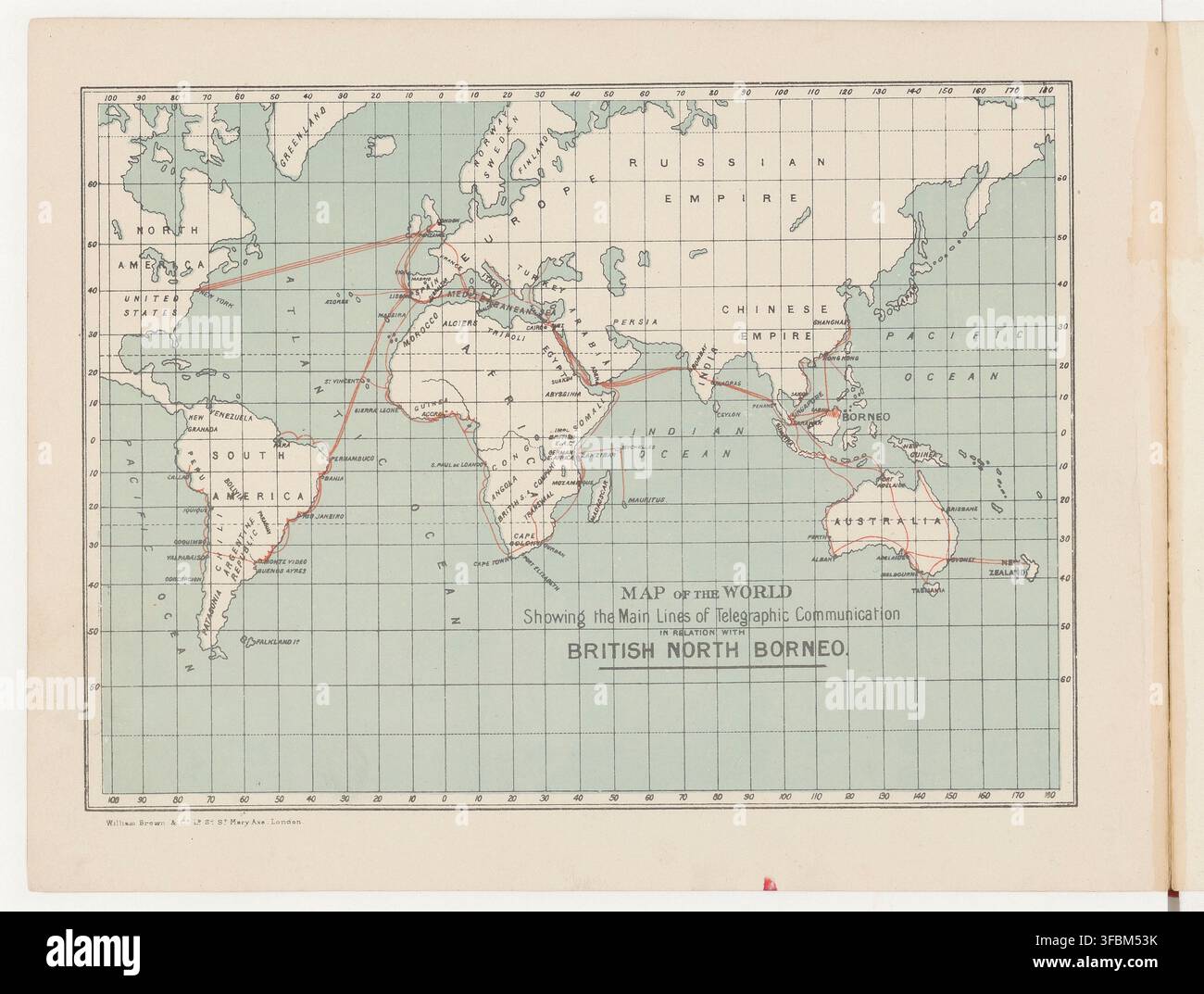 Una mappa del mondo che mostra le principali linee di comunicazione telegrafica, in particolare in relazione al Borneo Settentrionale Britannico, tratta da una serie di vedute del Borneo Settentrionale Britannico, di Henry James Johnstone e A.J. West, pubblicata a Londra da W. Brown nel 1899. Foto Stock