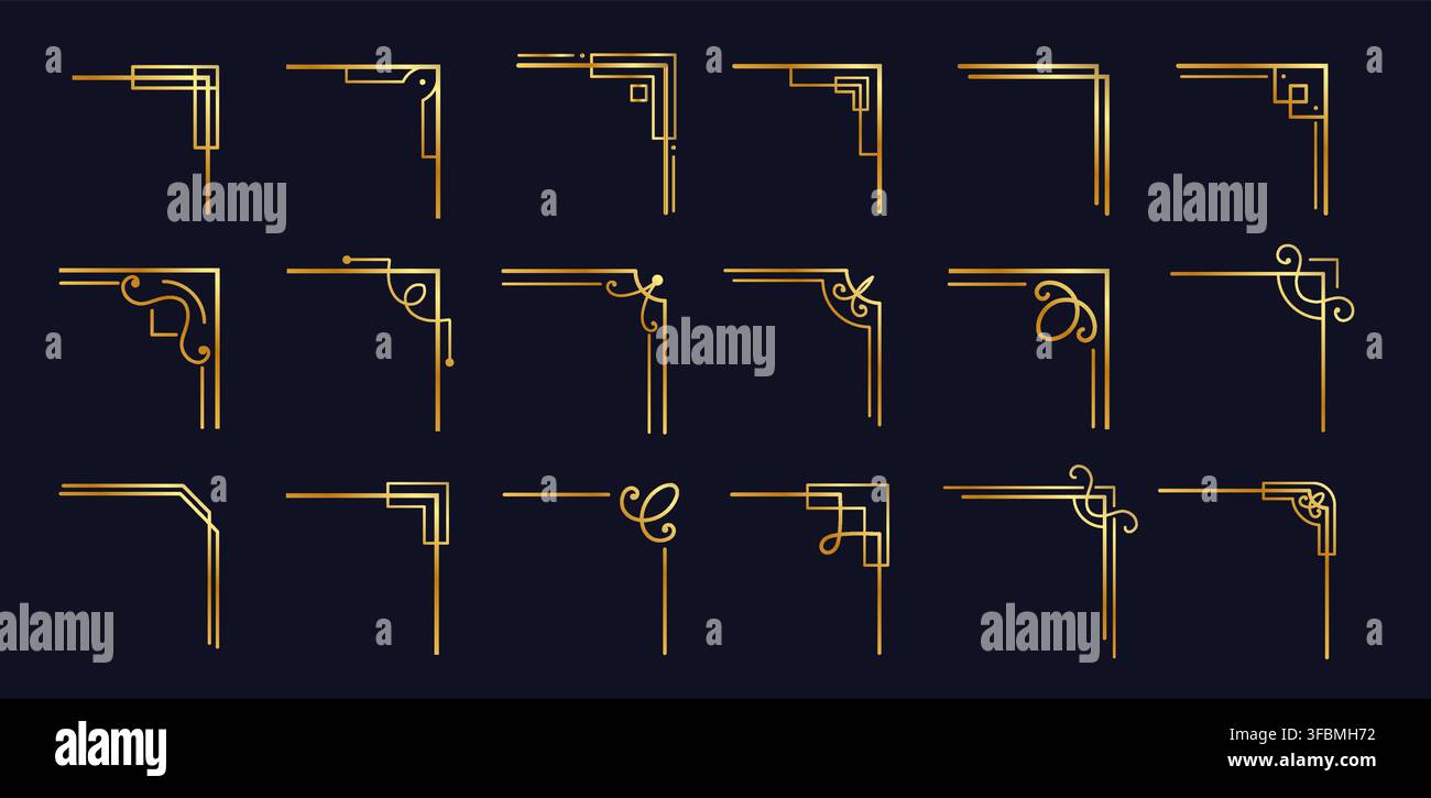 Elegante cornice d'angolo in oro per lo sfondo della carta invito. Modello vintage ed elegante classico di antiquariato. Decorazioni d'angolo di gala. Illustrazione Vettoriale