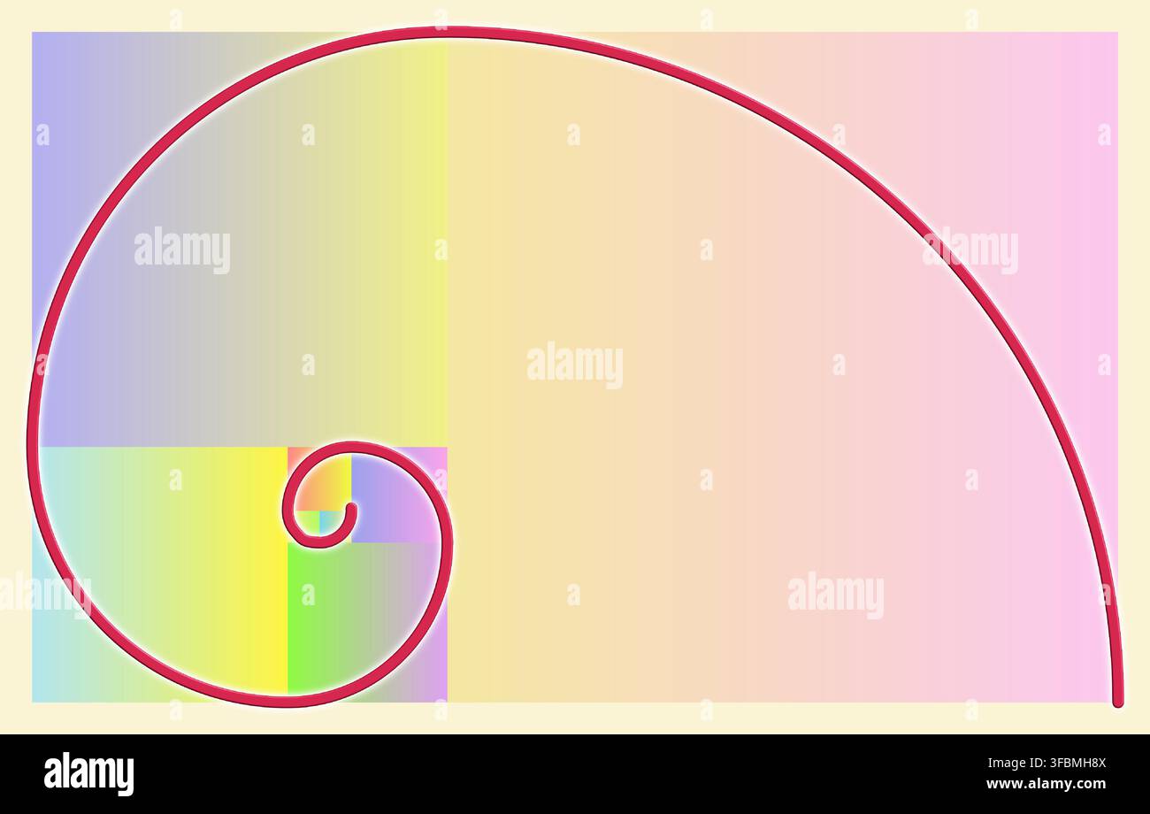 Illustrazione a spirale di Fibonacci con una serie di quadrati adiacenti in una sfumatura di tonalità blu. La lunghezza del lato di ogni quadrato è un numero di Fibonacci Illustrazione Vettoriale