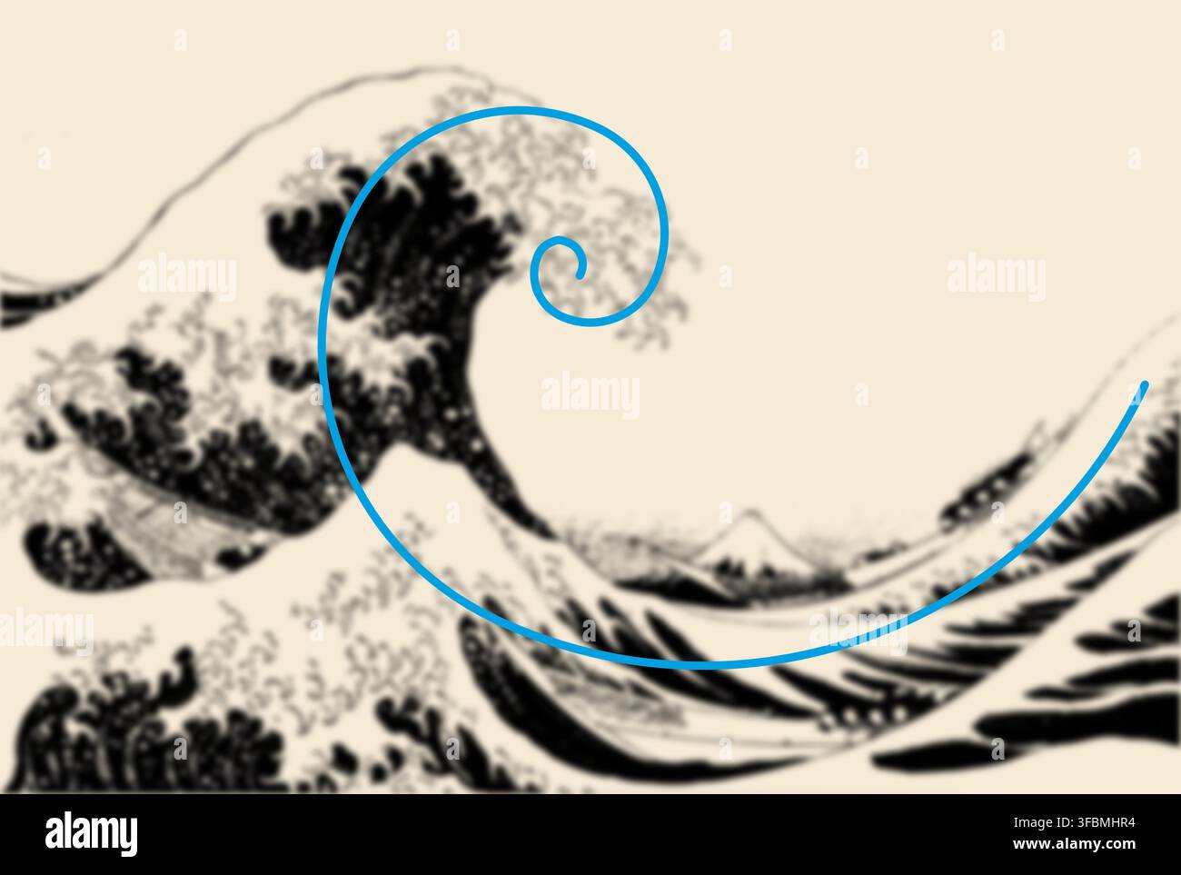 Vettore che mostra come la spirale di Fibonacci è stata utilizzata nella famosa opera ottocentesca di Hokusai "La grande onda al largo di Kanagawa". Illustrazione Vettoriale