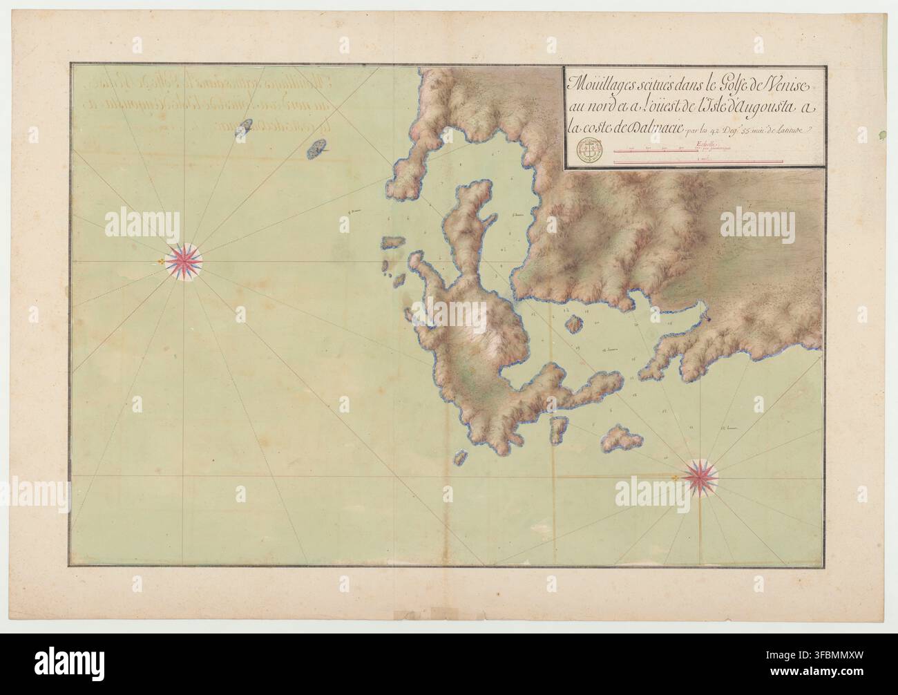 Una mappa manoscritta del XVIII secolo del Golfo di Venezia, che mostra misurazioni subacquee vicino all'isola di Lastovo e alla costa della Dalmazia, con la posizione specificata a 42 gradi 35 minuti di latitudine. Foto Stock