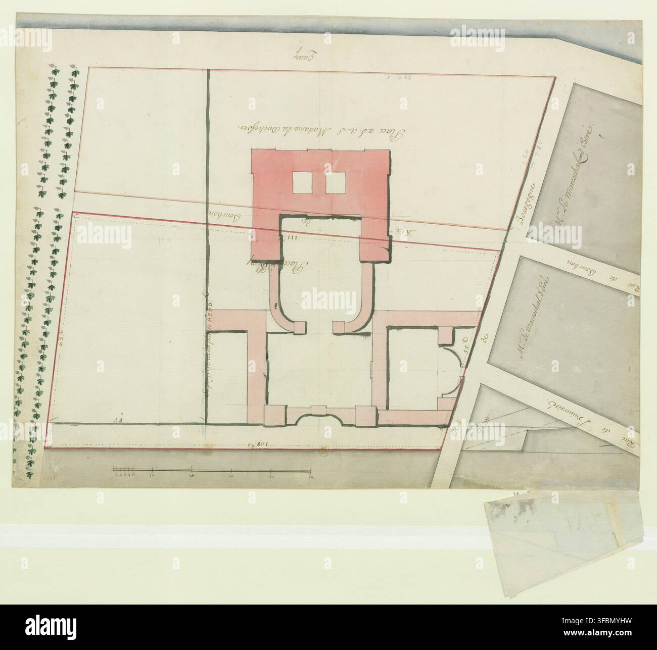Una piantina del XVIII secolo del Palais Bourbon a Parigi, Francia, con le strade circostanti tra cui Rue Bourbon e Rue Bourgogne, e luoghi notevoli come la Borsa e la residenza di Monsieur le Maréchal de L'Est. Foto Stock