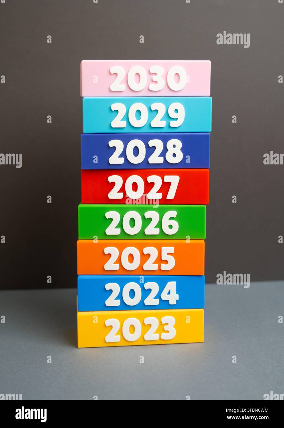 Torre degli anni dal 2023 al 2030. Strategia per il 2030, piani a lungo termine ed esperienza accumulata. Le pietre miliari future supportano la previsione e la sostenibilità Foto Stock