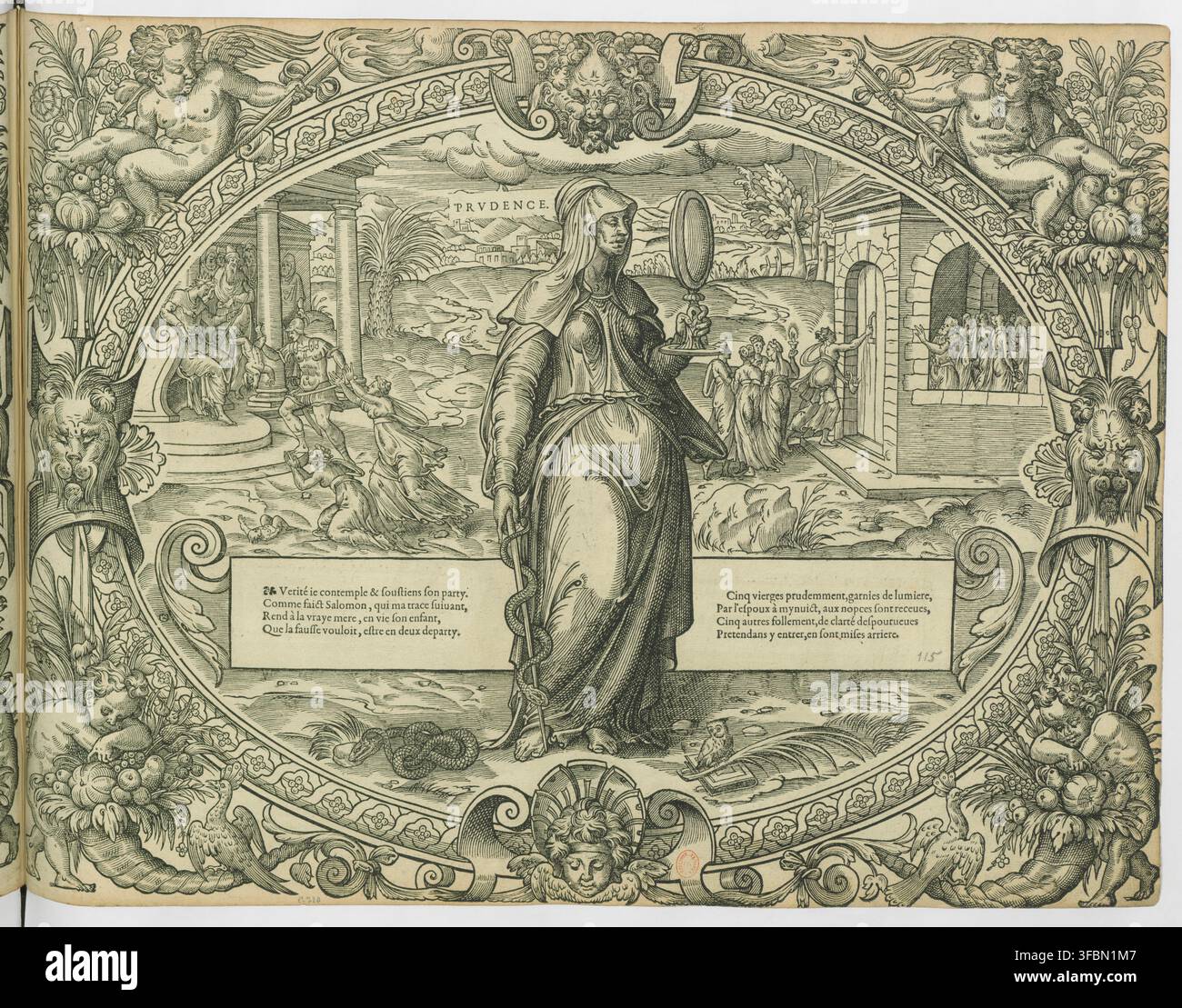 Un'incisione allegorica della Prudentia, una donna che tiene uno specchio, circondata da scene e figure, con iscrizioni che si riferiscono a Salomone e alla parabola delle cinque vergini sagge e delle cinque vergini stolte, creata nel XVI secolo. Foto Stock