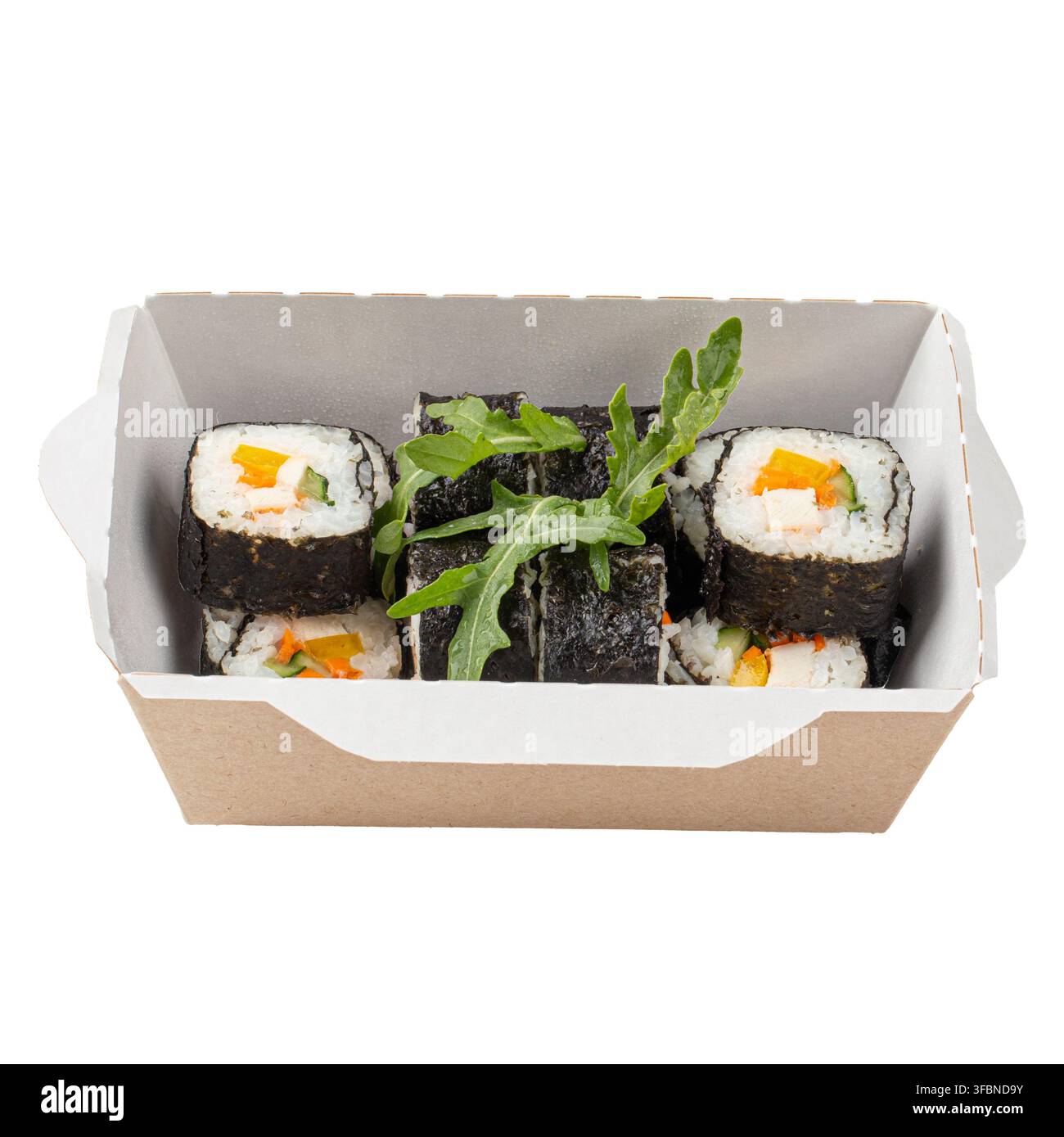 Rotoli di sushi futomaki vegetariani in scatola di carta Foto Stock
