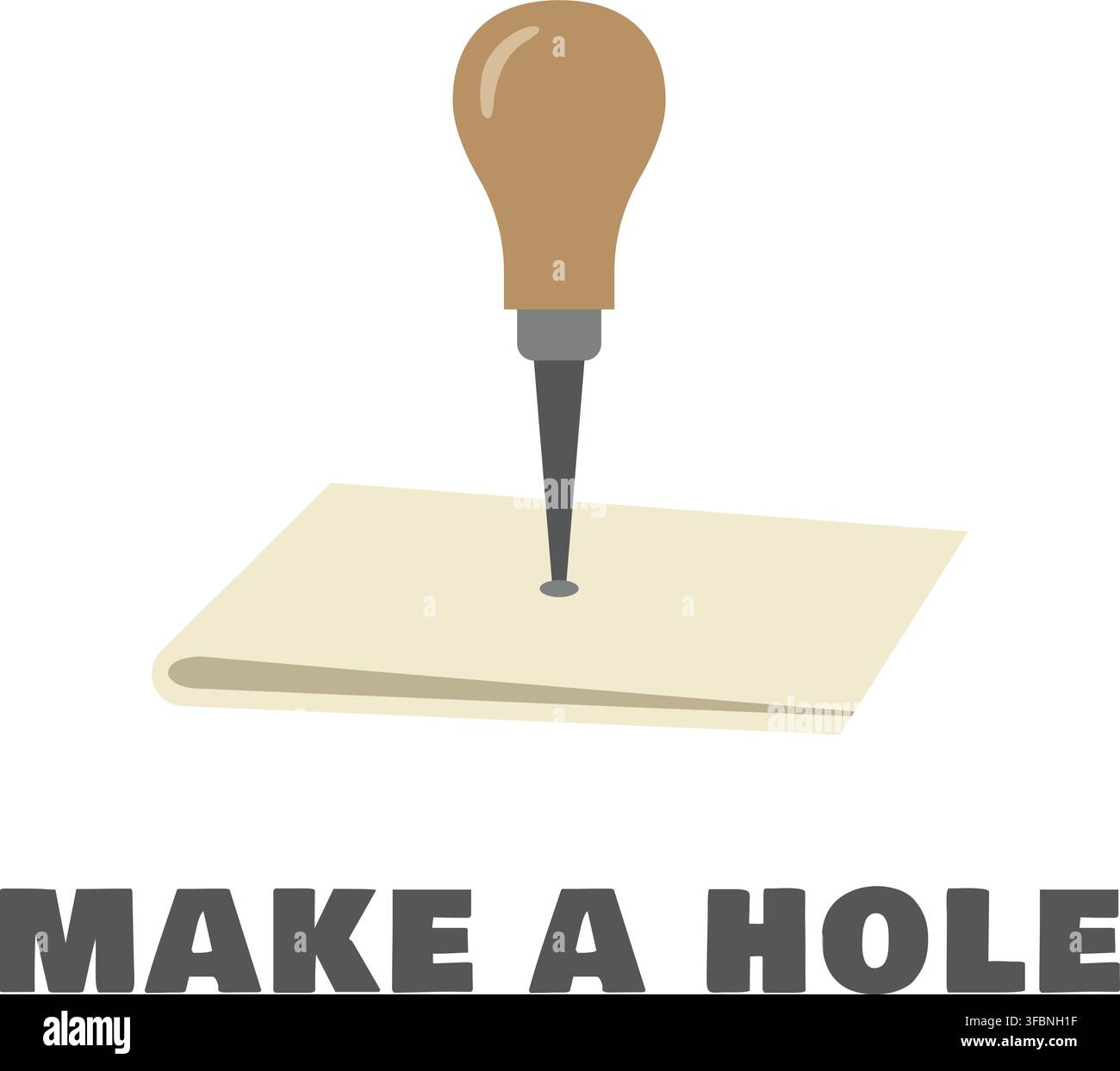 Un punteruolo a mano appuntito che preme su una superficie piana è abbinato alle parole inglesi Make A Hole. Illustrazione Vettoriale