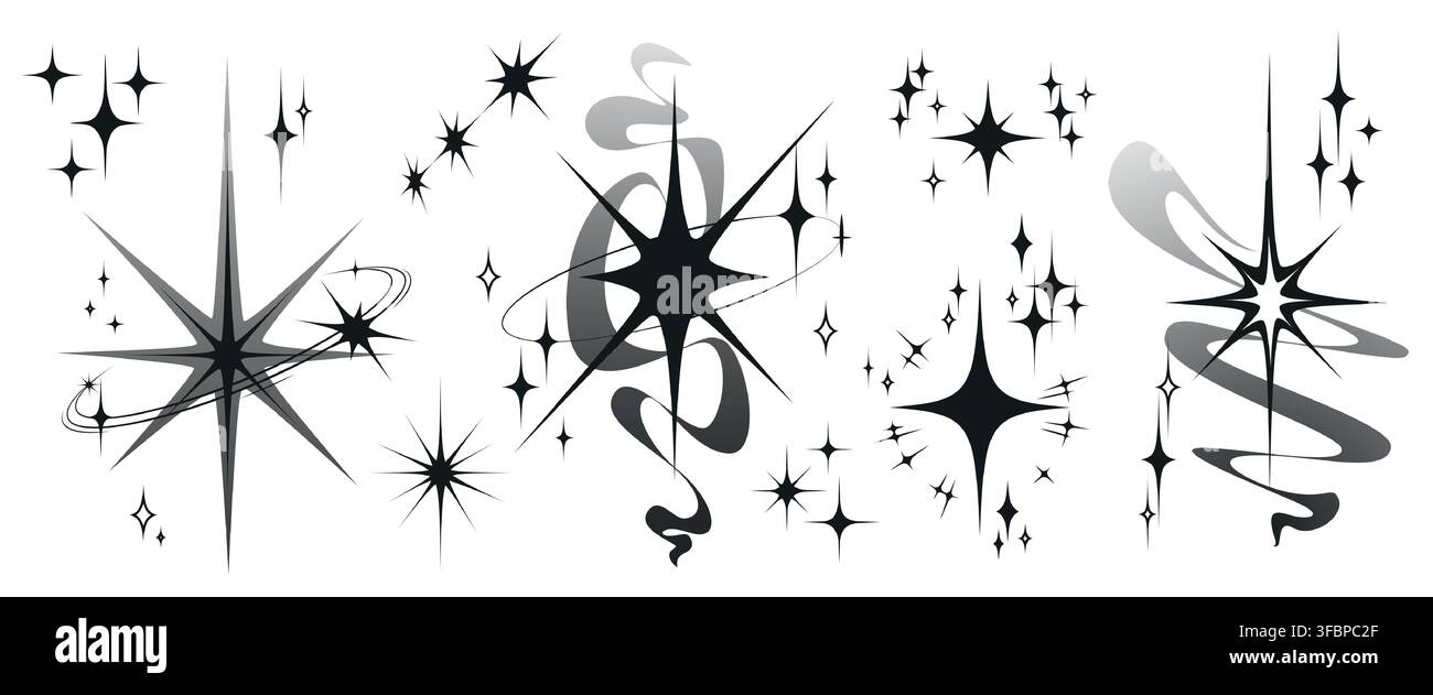 Icone a forma di stella Y2K con raggi di luce scintillanti isolati su sfondo bianco. Illustrazione vettoriale di esplosioni retrò scintillanti, elementi cosmici luccicanti per disegni di tatuaggi, progetti grafici vintage dello spazio Illustrazione Vettoriale