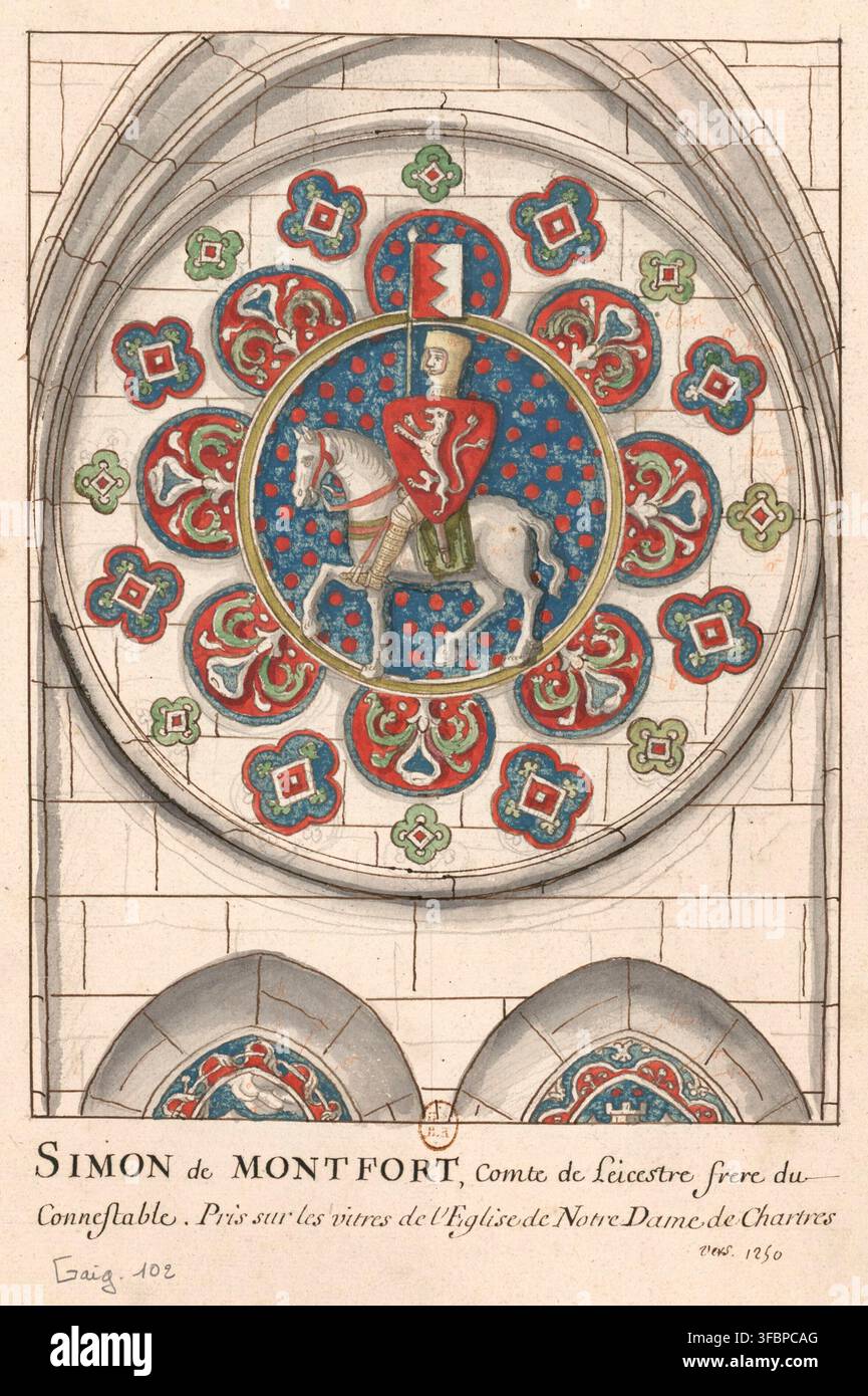 Un disegno di una vetrata di Notre Dame de Chartres, raffigurante un cavaliere in armatura, con l'iscrizione SIMON de MONTFORT, Comte de Leicestre, datato intorno al 1250. Foto Stock
