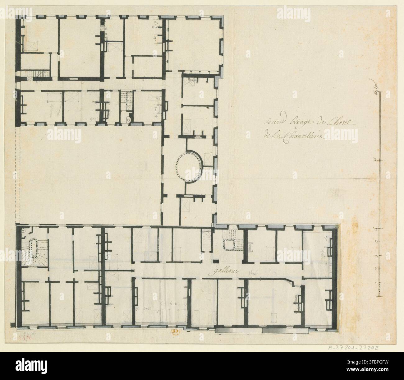 Un progetto di piano del 1718 del secondo piano dell'Hôtel de La Chancellerie, un edificio del Ministero della Giustizia francese. Foto Stock