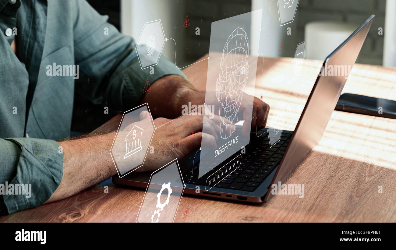 Creazione di contenuti deep fake utilizzando un laptop con sovrapposizioni virtuali che mostrano strumenti digitali e grafiche facciali Foto Stock