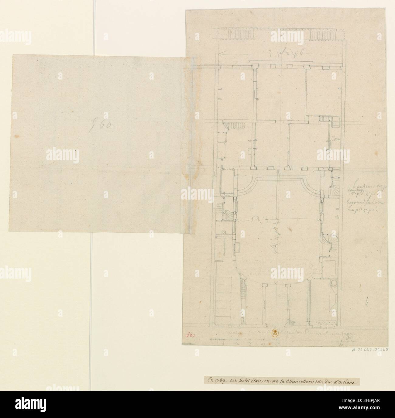 Progetto architettonico dell'Hôtel de la Chancellerie d'Orléans a Parigi, Francia, un edificio che nel 1789 fungeva da Chancelleria del duca d'Orléans, disegnato nel XVIII secolo. Foto Stock