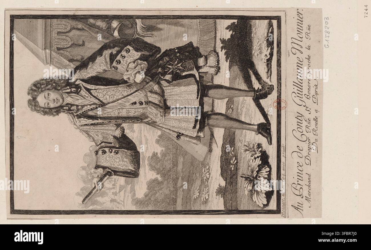 Un ritratto di François Louis de Bourbon, Principe di Conti, in costume storico, di Guillaume Monnier, mercante tessitore di Rue St Honoré, vicino a Rue Du Roule, a Parigi. Foto Stock
