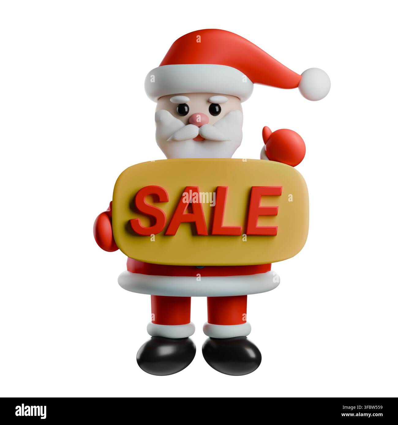 Render 3D di una simpatica icona a tutto corpo di Babbo Natale che tiene un badge claymorphico con il testo SCONTO. Personaggio di plastilina natalizio per la promozione delle feste invernali i Foto Stock