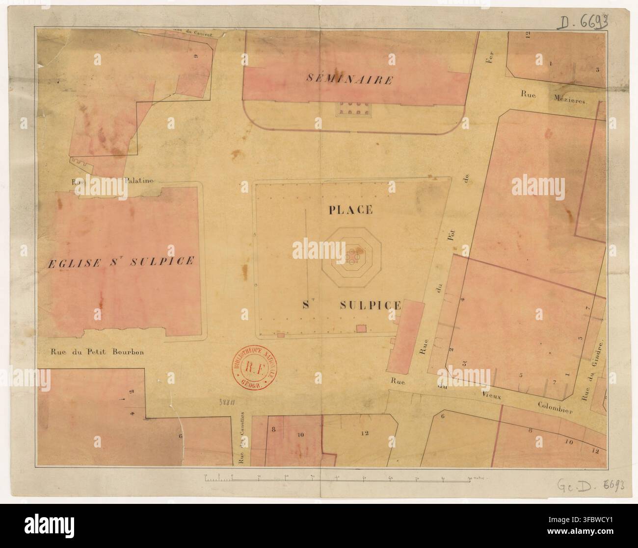 Una mappa manoscritta di Place Saint-Sulpice a Parigi, che mostra le strade circostanti, tra cui Rue du Petit Bourbon, Rue Palatine e Rue du Vieux Colombier, con la Eglise St Sulpice, creata come parte della collezione Ge.D. 6693. Foto Stock