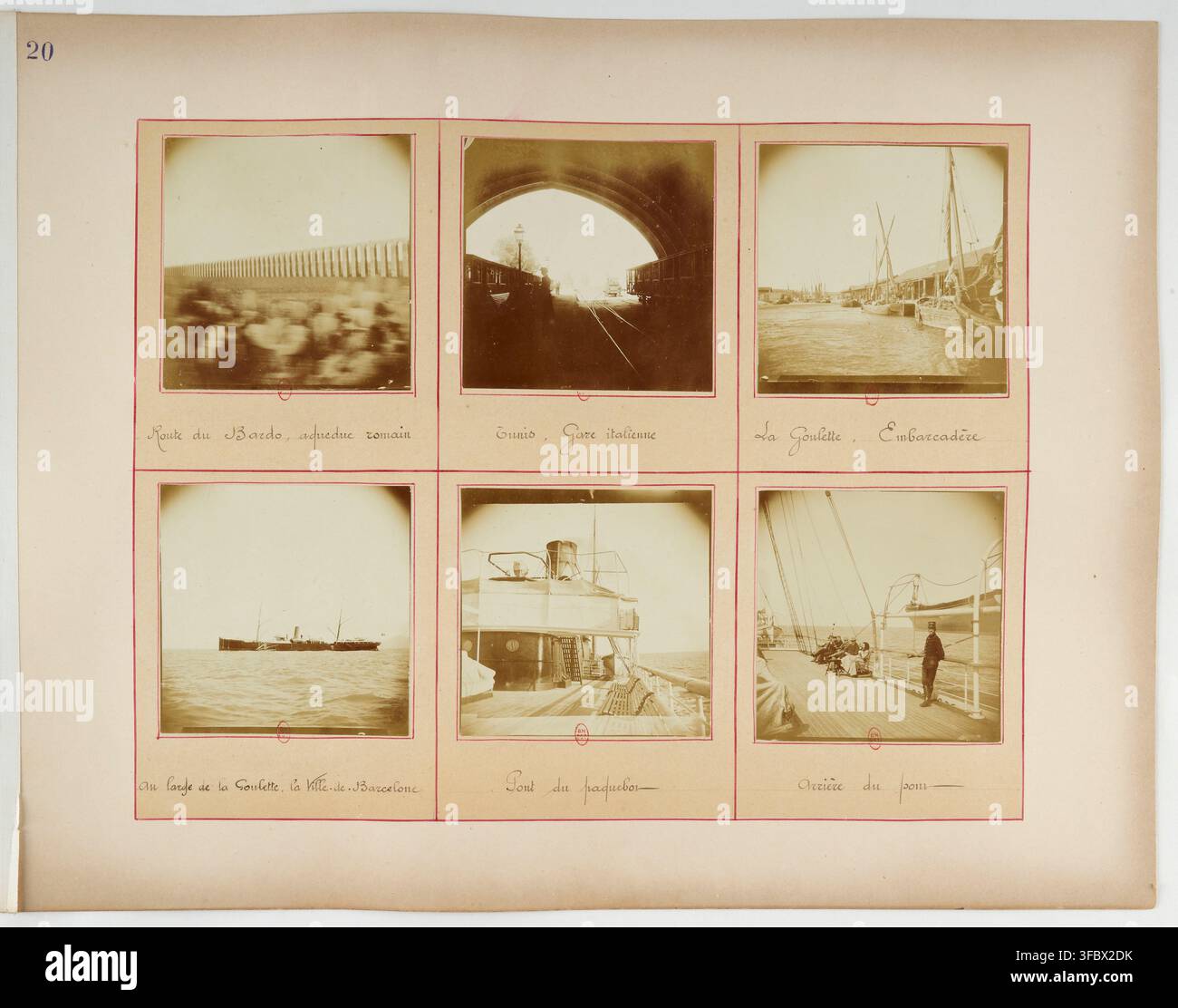 A, un fotografo francese, mostra sei scene da un viaggio in Algeria e Tunisia nel 1893, tra cui un acquedotto romano, una stazione ferroviaria italiana, un porto, una nave in mare, il ponte di una nave e un ponte. Foto Stock