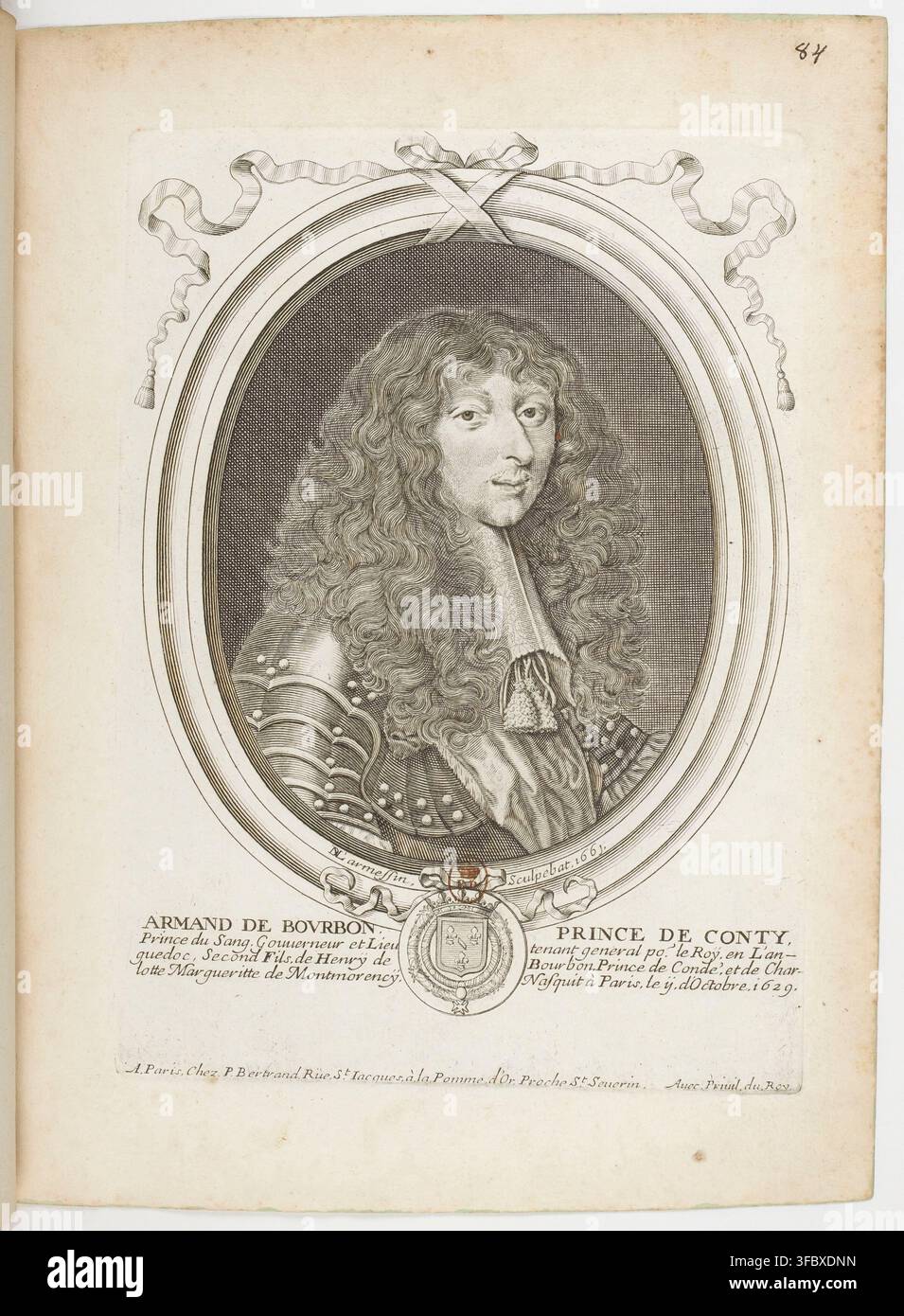 Armand de Bourbon, Prince de Conty, un Prince du Sang, Governatore e Luogotenente Generale per il Re, nel 1629, secondo figlio di Henry de Bourbon, Prince de Condé, e Charlotte Marguerite de Montmorency, in un'incisione di ritratto pubblicata a Parigi. Foto Stock