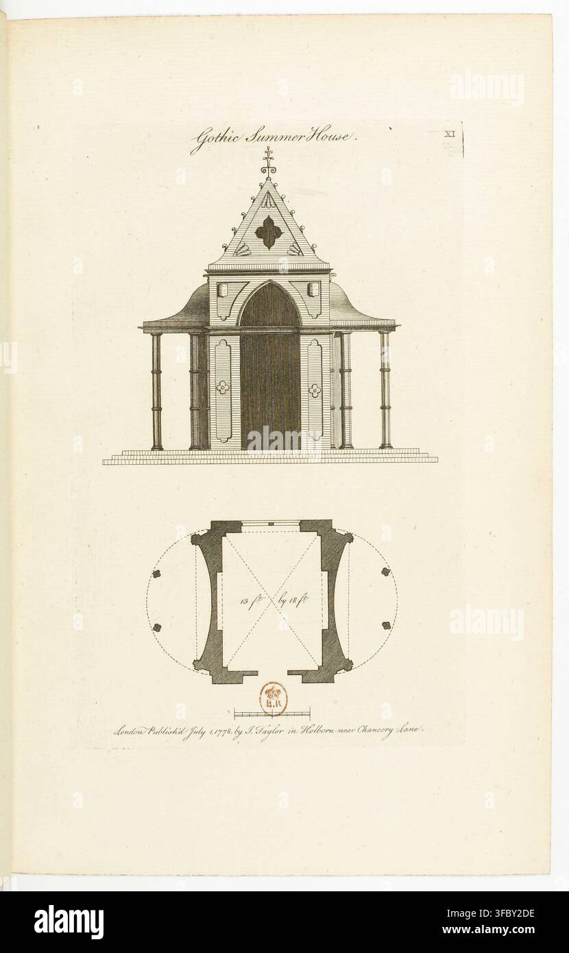 Un disegno architettonico dettagliato di una casa estiva gotica, pubblicata a Londra nel luglio 1778 da J. Taylor a Holborn vicino a Chancery Lane. Foto Stock