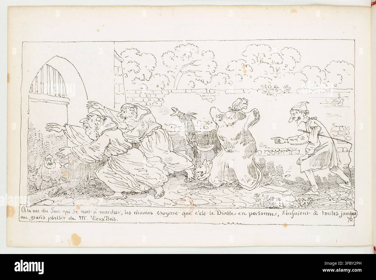 Un disegno che rappresenta persone in fuga per la paura, con la didascalia "A la vue du Sac qui se met à marcher, les mouines croyant que c'est le Diable en personne, s'enfuient à toutes jambes ou grand plaisir de M. VieuxBois", creato tra il 1839 e il 1845. Foto Stock