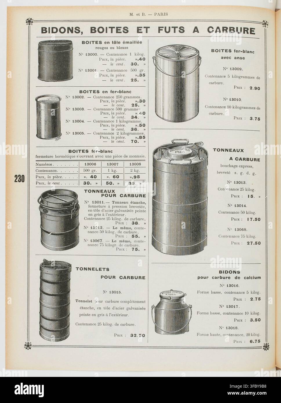Una pagina di catalogo del 1914 che elenca contenitori metallici per carburo, comprese scatole di lamiera stagnata in rosso o blu e scatole di stagno, con i rispettivi prezzi e capacità, di M. et B. a Parigi. Foto Stock