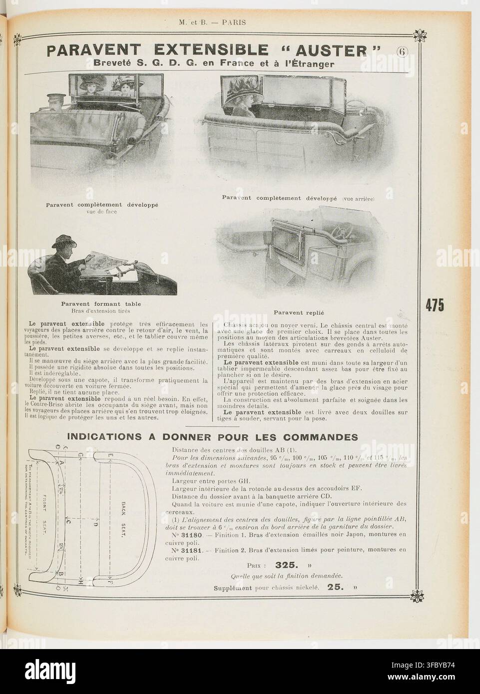 Istruzioni per lo schermo estensibile Auster, un dispositivo progettato per proteggere i viaggiatori sui sedili posteriori dall'aria, dal vento, dalla polvere e dalla pioggia, con diagrammi e testo che descrivono il suo utilizzo e i suoi vantaggi, da una pagina stampata del 1914. Foto Stock