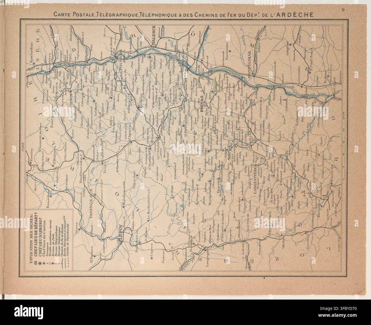 Una mappa del 1916 del dipartimento dell'Ardèche in Francia, che dettagli routes postali, telegrafiche e telefoniche, oltre a linee ferroviarie, creata durante la Prima Guerra Mondiale. Foto Stock
