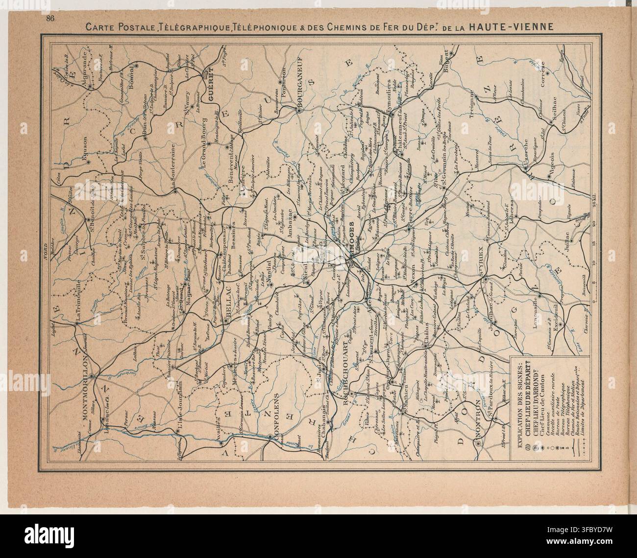 Una mappa del dipartimento di Haute-Vienne in Francia del 1916, che mostra linee ferroviarie e telegrafiche, nonché connessioni postali, telefoniche e telegrafiche. Foto Stock