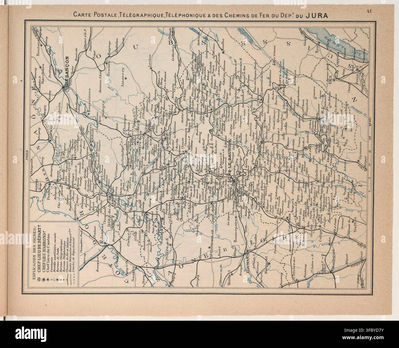 Una mappa del 1916 del dipartimento del Giura, Francia, che mostra linee telegrafiche e telefoniche, percorsi ferroviari e divisioni amministrative, intitolata “Carte postale, télégraphique, téléphonique & des chemins de fer du département du Jura”. Foto Stock