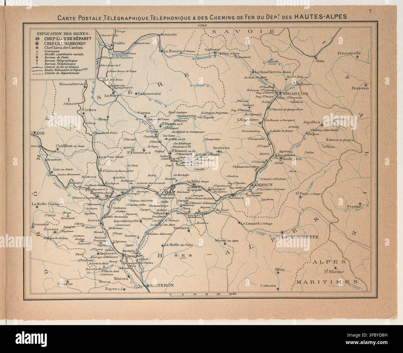 Una mappa del 1916 del dipartimento delle Hautes-Alpes in Francia, che mostra le linee ferroviarie e telegrafiche, nonché le connessioni postali, telegrafiche e telefoniche. Foto Stock