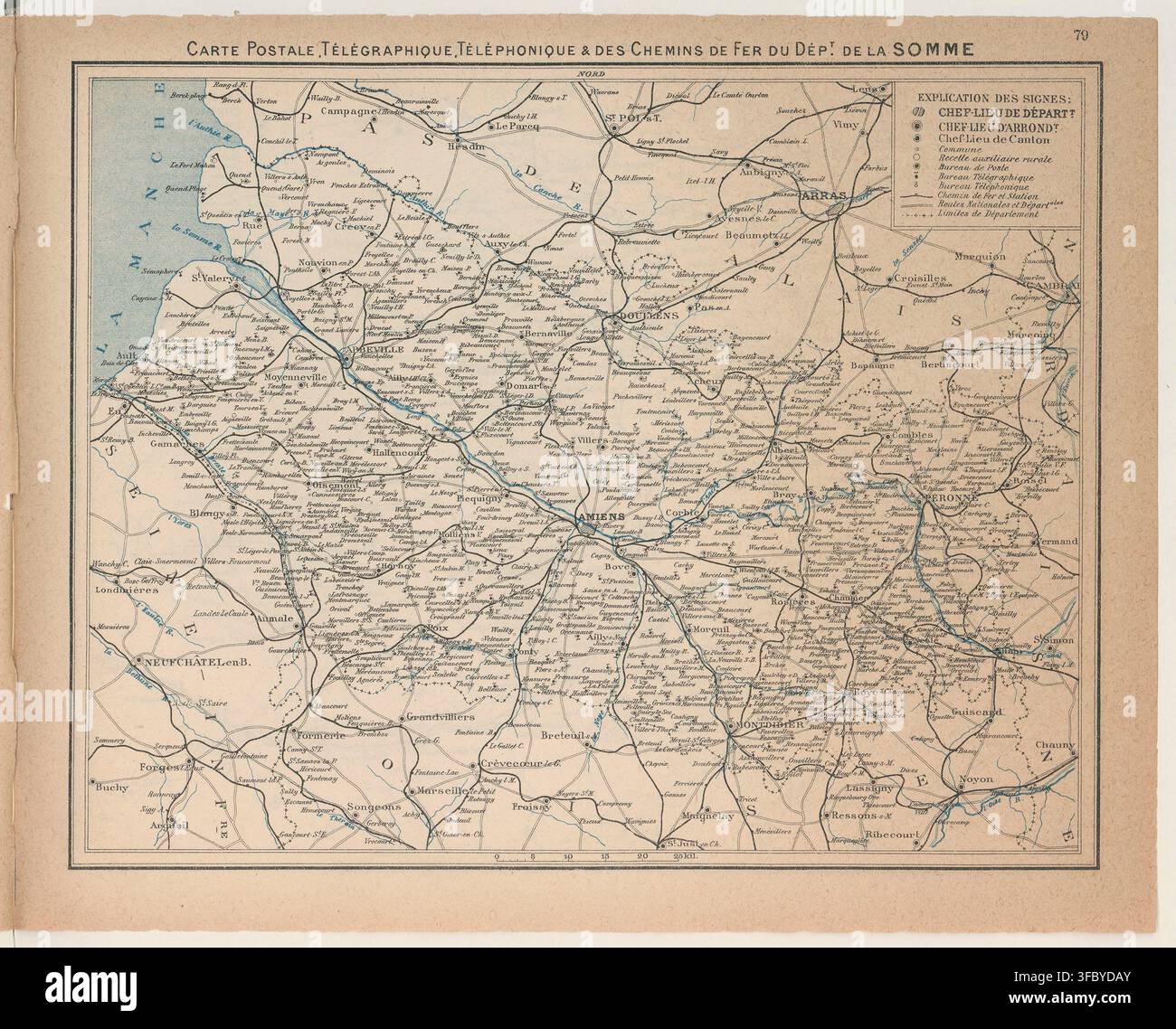 Una mappa del dipartimento della Somme in Francia del 1916, che mostra le linee postali, telegrafiche e telefoniche insieme ai percorsi ferroviari, intitolata "CARTE POSTALE, TÉLÉGRAPHIQUE, TÉLÉPHONIQUE & DES CHEMINS DE FER DU DÉP'T. DE LA SOMME". Foto Stock