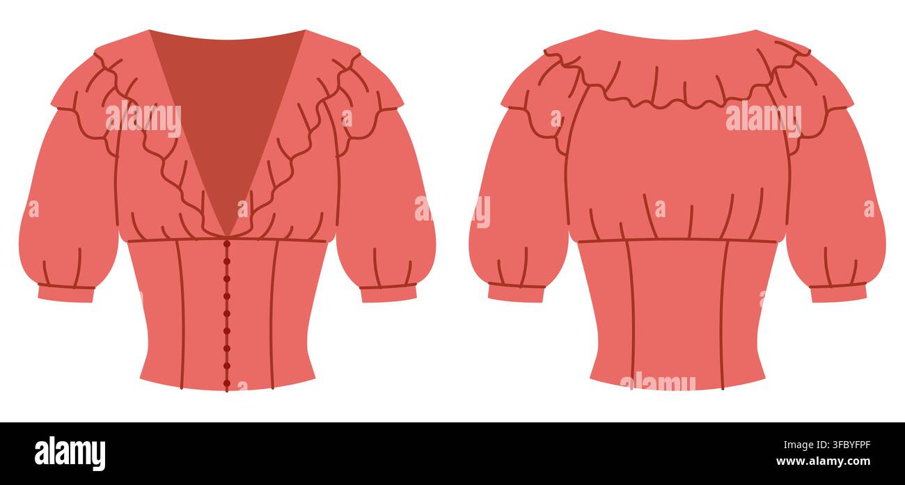 Camicetta a volant con scollo a V svasato, maniche lunghe a sbuffo e vita morbida aderente. Illustrazione tecnica di moda a tinta piatta che mostra una silhouette femminile leggera e un design di abbigliamento moderno e pulito. Illustrazione Vettoriale