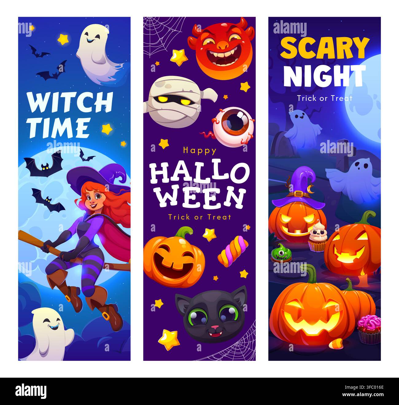 Banner per le feste di Halloween con personaggi dei cartoni animati Illustrazione Vettoriale