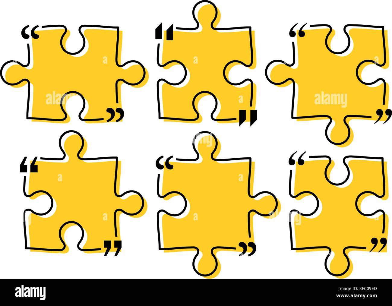 Pacchetto titoli per scatola di citazioni isolato. Cornici di virgolette di stile puzzle gialle. Bordi della casella di messaggio di informazioni di testo di conversazione. Icona di virgolette di dialogo. V Illustrazione Vettoriale