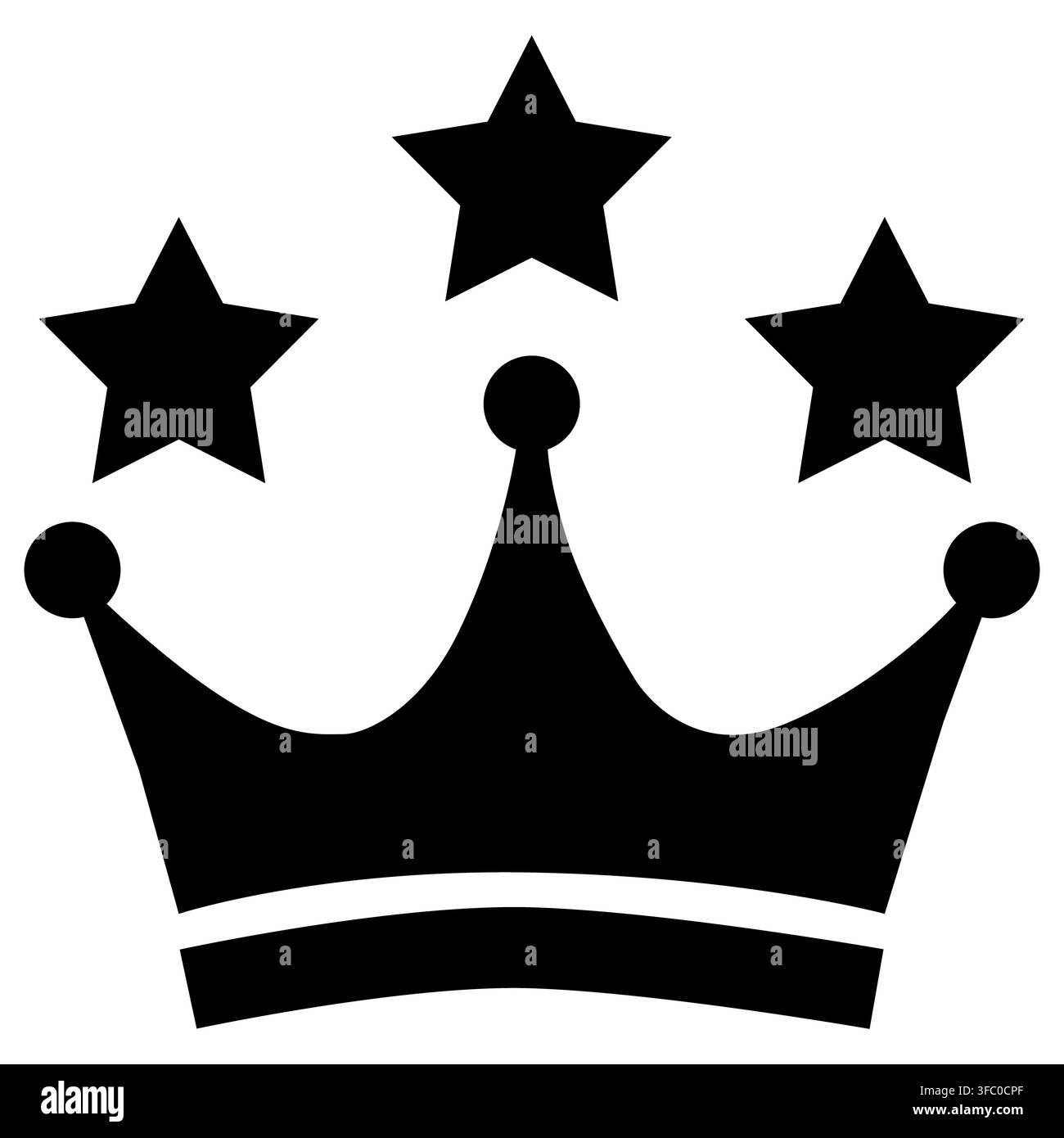 Icona corona e tre stelle. Segno di qualità premium, simbolo di fedeltà di lusso VIP. Logo di badge di classificazione. Stile piatto. Foto Stock