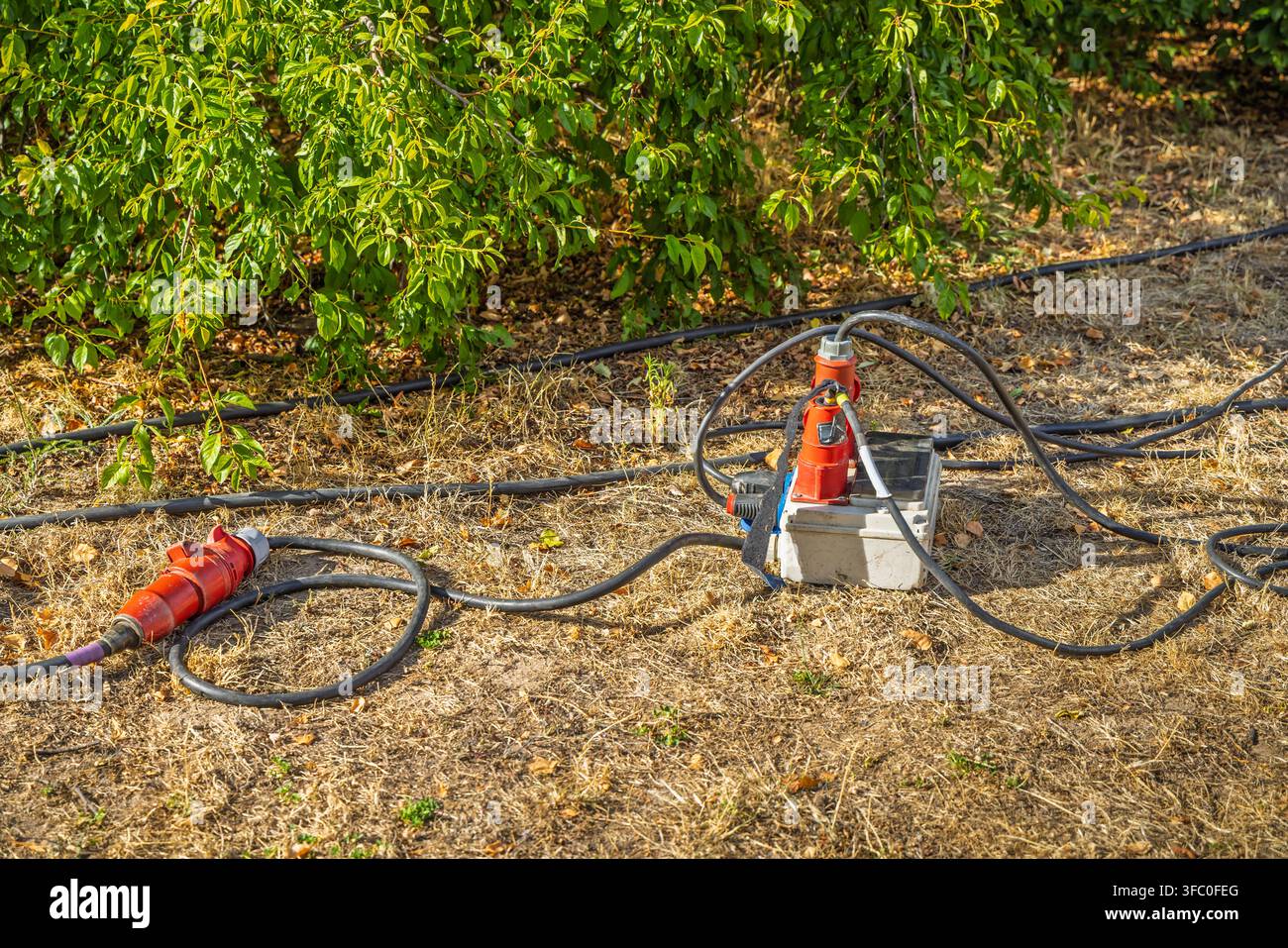 Cavi di alimentazione industriali pesanti e connettori disposti a terra, suggerendo una distribuzione di energia esterna per attrezzature o eventi Foto Stock
