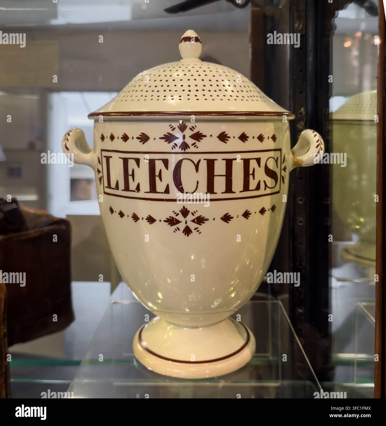 Barattolo di sanguisughe in ceramica esposto in una vetrina di vetro allo York Castle Museum a York, Inghilterra. Foto Stock