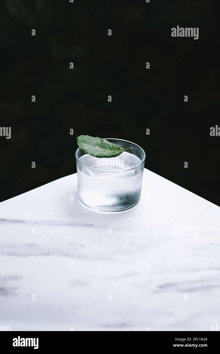 Cocktail di gin chiaro on the rocks con una fetta di cetriolo in un tumbler su un angolo di marmo bianco contro una foto di bevande nere, minimaliste e atmosferiche Foto Stock