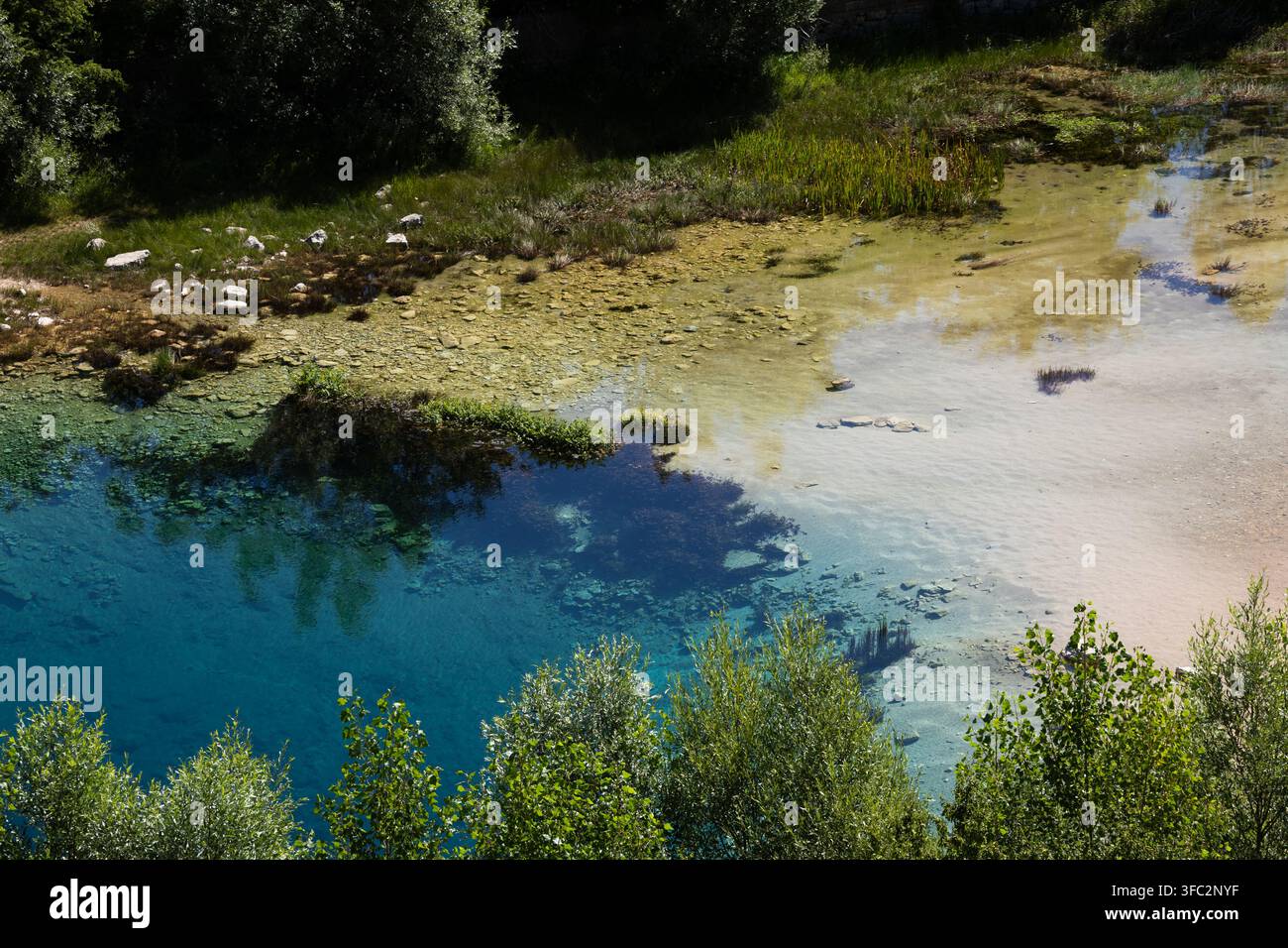 Acqua turchese profonda dell'occhio della sorgente del fiume Cetina sotto un cielo blu Foto Stock