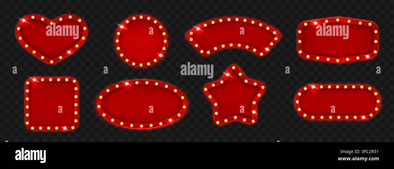 Insegna da casinò rossa illuminata, cornici per cartelli da circo con lampadine luminose a forma di cuore, cerchio, stella, ovale, quadrato e rettangolo arrotondato, isolati per un design cinematografico retrò. Set realistico vettoriale isolato. Illustrazione Vettoriale