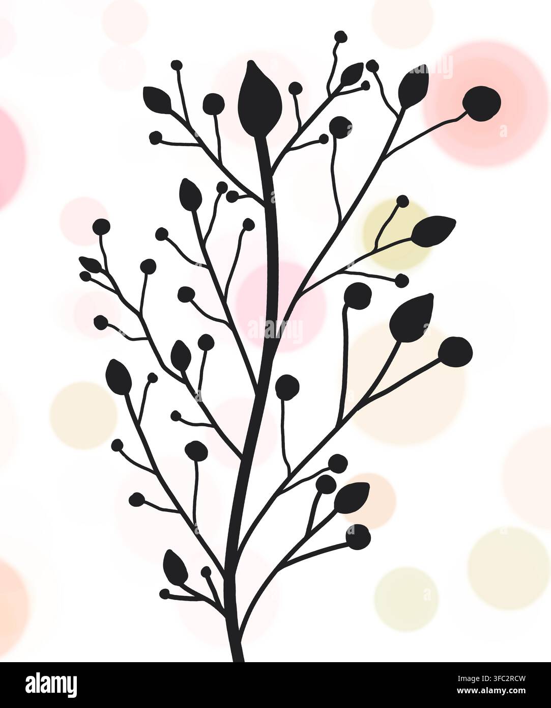 Un'illustrazione disegnata a mano di una silhouette di ramo alto con bacche arrotondate, gemme a goccia e forme di foglie, su uno sfondo sfocato morbido tipo bokeh. Foto Stock