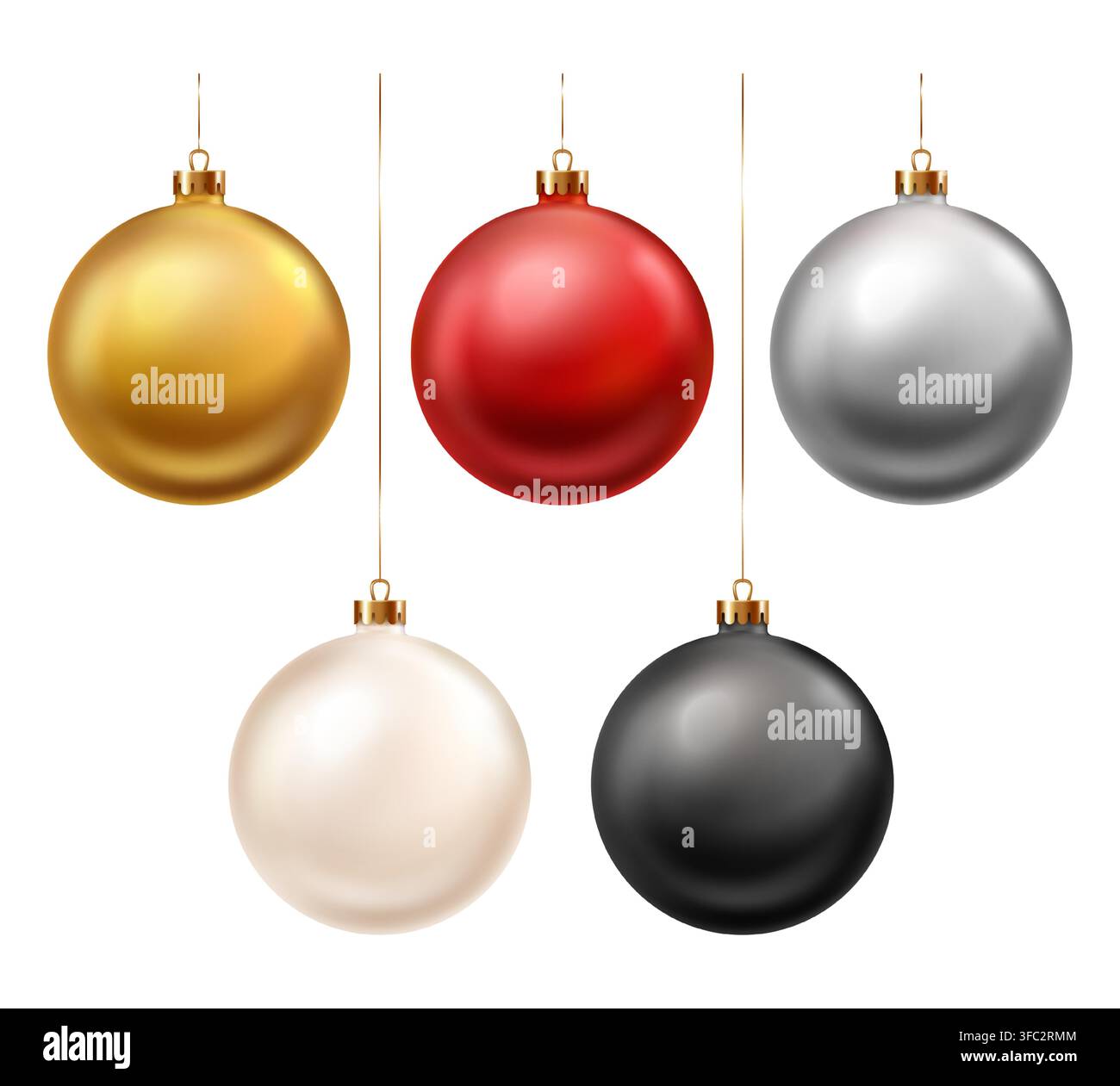 Set di vettori di palline di Natale con palline sospese 3D realistiche in oro, rosso, argento, avorio e nero per il design di poster e biglietti per le festività invernali. Illustrazione Vettoriale