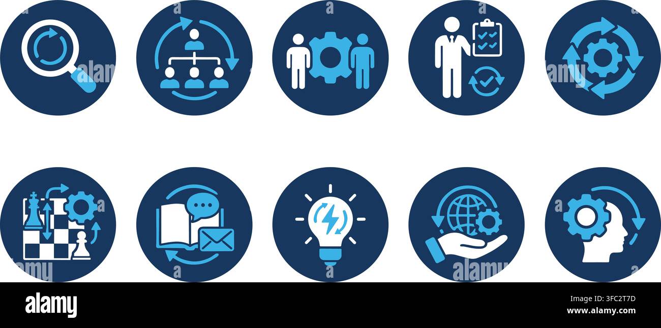Set di icone blu per strategia aziendale, gestione, lavoro di squadra e innovazione all'interno di una struttura aziendale. Illustrazione Vettoriale