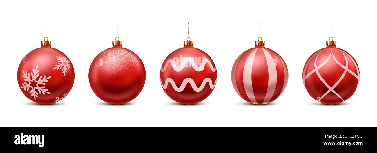 Set realistico di ornamenti rossi a forma di palla di Natale con sfere sospese 3D lucide, motivi a fiocchi di neve, onde e strisce per decorazioni natalizie e design di biglietti festivi isolati. Illustrazione Vettoriale