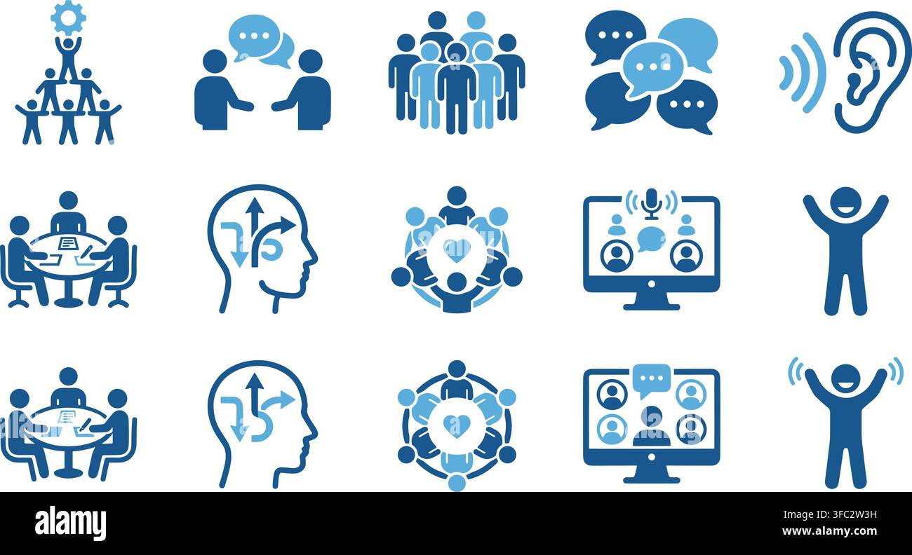 Set di icone piatte blu per la comunicazione aziendale con grafica di lavoro di squadra, ascolto, discussione, conferenza e webinar. Illustrazione Vettoriale