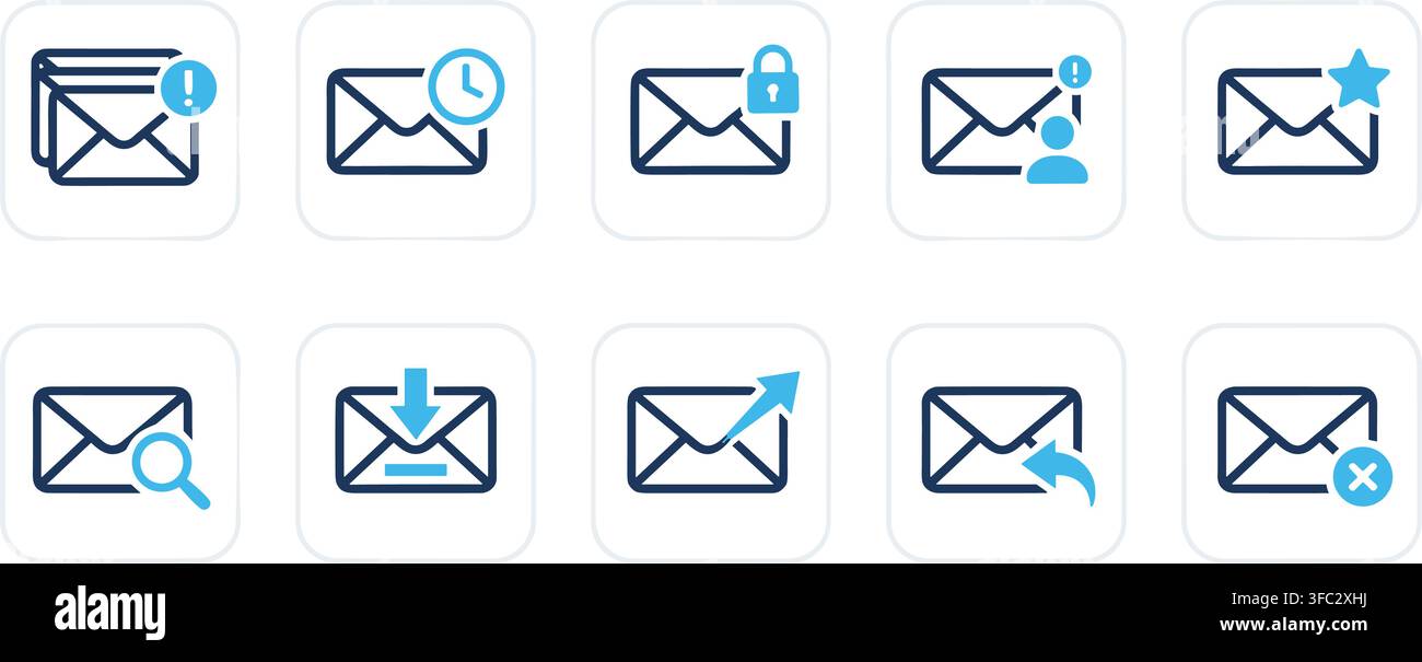 Raccolta di icone email blu e blu marino con diverse funzioni come sicurezza e notifica. Illustrazione Vettoriale