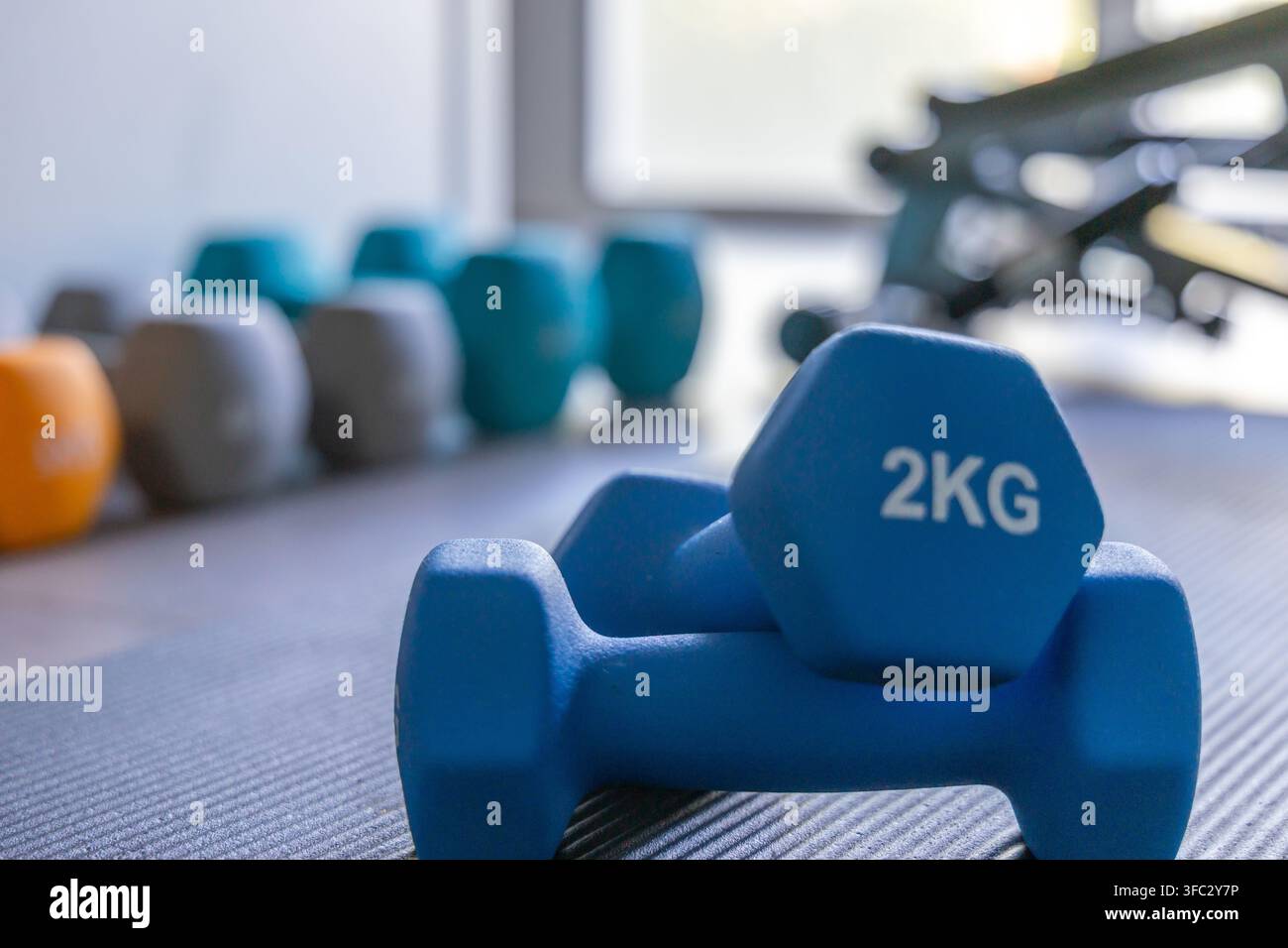 Prima vista di due manubri blu da 2 kg appoggiati su un tappeto da palestra ruvido, con una selezione di altri pesi sfocati sullo sfondo Foto Stock