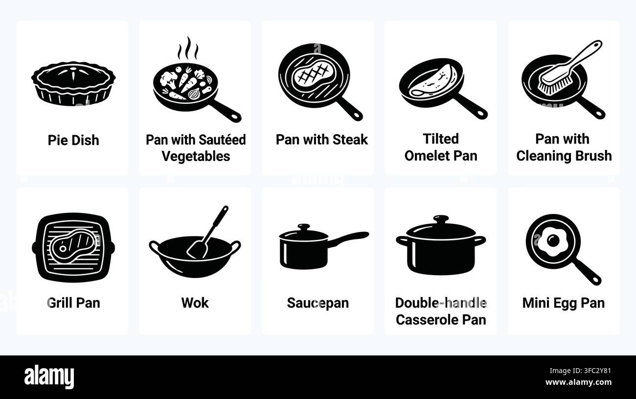 Collezione di varie icone di pentole da cucina nere, padelle, wok, casseruole e pentole da zuppa su sfondo bianco. Illustrazione Vettoriale