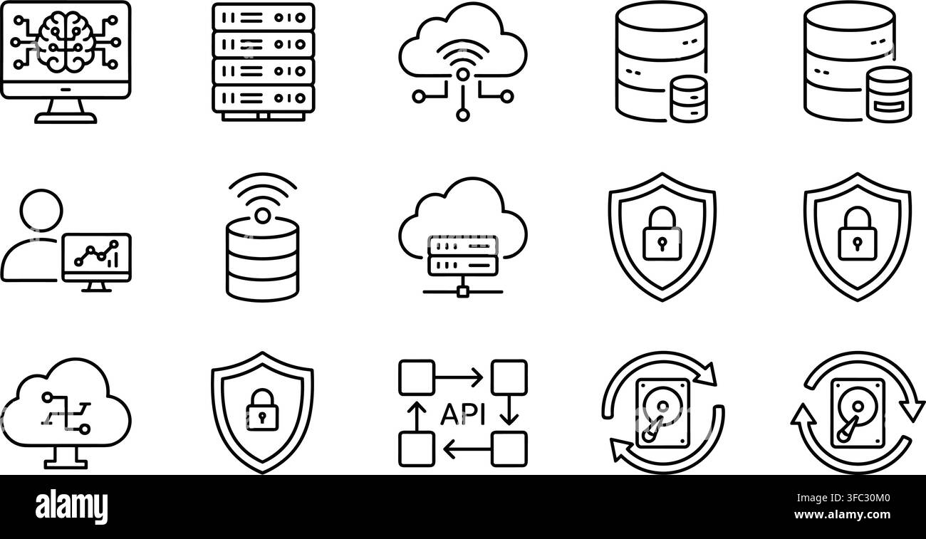 Set di icone di server di dati e sicurezza utilizzando arte lineare sottile per l'infrastruttura IT moderna e il cloud computing digitale. Illustrazione Vettoriale